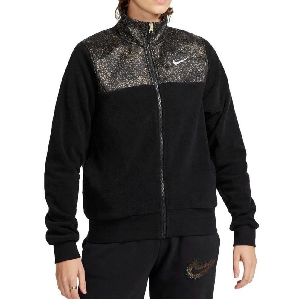 NIKE Women's Sportswear Stardust Plush Jacket sz M Black Gold Atleisure